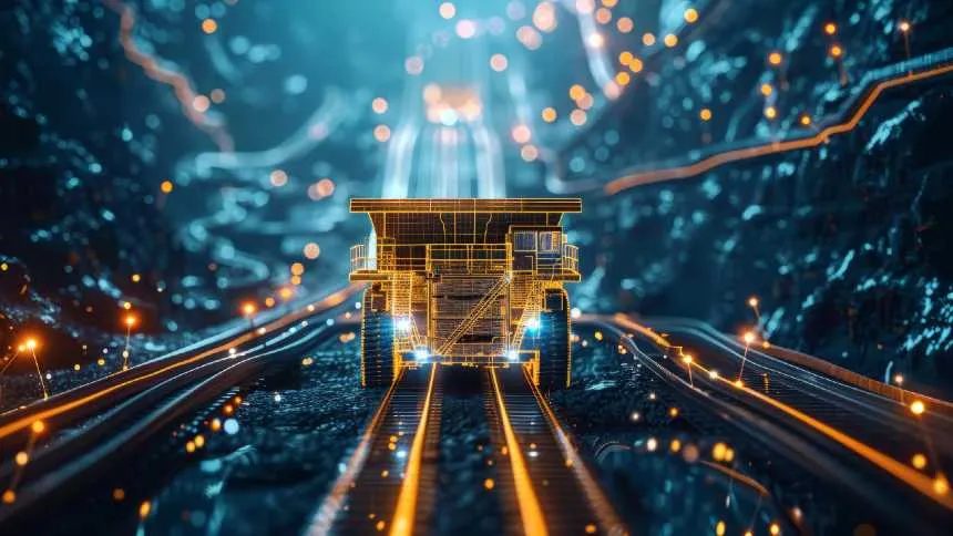 Vista de operação automatizada de mineração com linhas de conexão digital sobre o terreno.